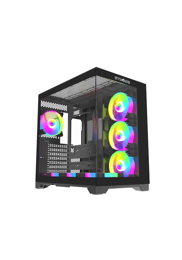 STRONG SYRAX 600W 80+ POWERLI 7X 120 MM FANLI RGB LED BUTON KONTROL ATX AKVARYUM SİYAH GAMİNG BİLGİSAYAR KASASI 